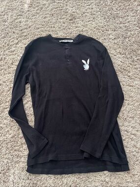 PLAYBOY Black Long-Sleeve Henley with White Bunny Patch